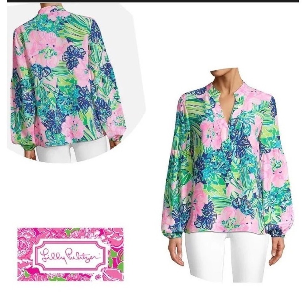 Lilly Pulitzer Floral Print Split Neck Puff Sleeve Blouse Pink Green Blue XXS